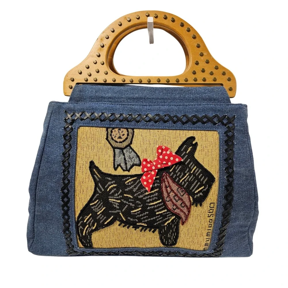 Vintage Denim Scottie Dog Tapestry Handbag Wooden Handle Beaded Terrier Bag